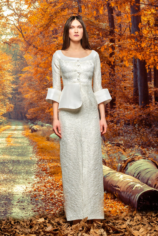 Metallic Jacquard Paneled Flowered Jacquard Long Dress