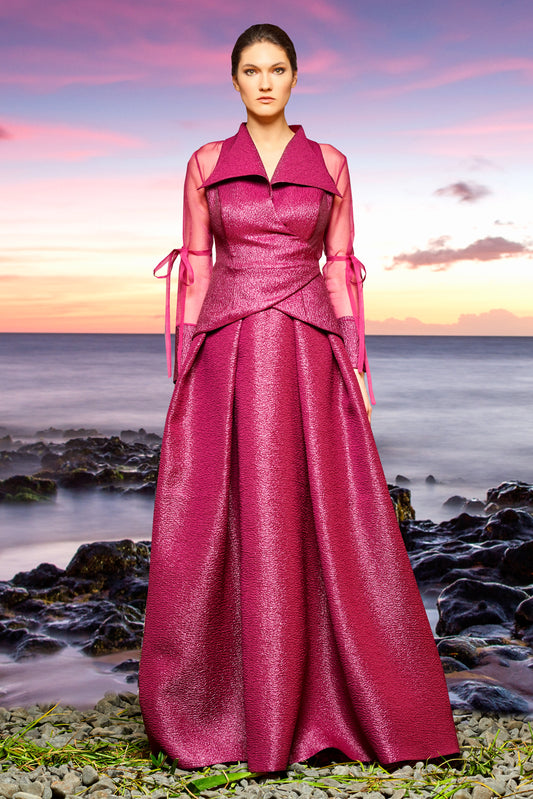 Organza Sleeve Detailed Metallic Crinkle Jacquard Dress