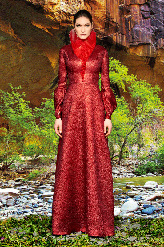 Organza Pleat Neckline and Metallic Crinkle Jacquard Gown