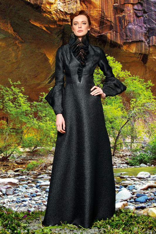 Organza Pleat Neckline and Metallic Crinkle Jacquard Gown