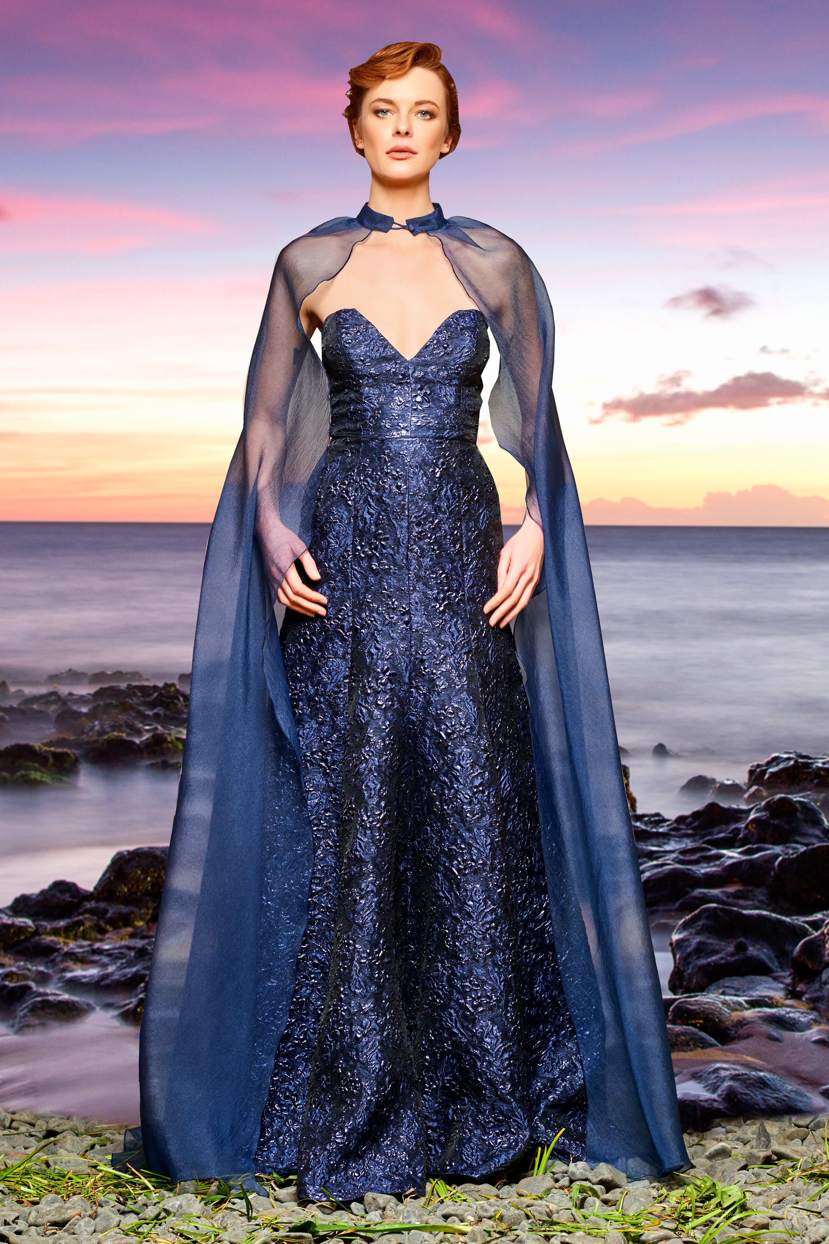 Flowered Jacquard Long Dress with Organza Cape GRAY Flowered Jacquard Long Dress with Organza Cape GRAY
