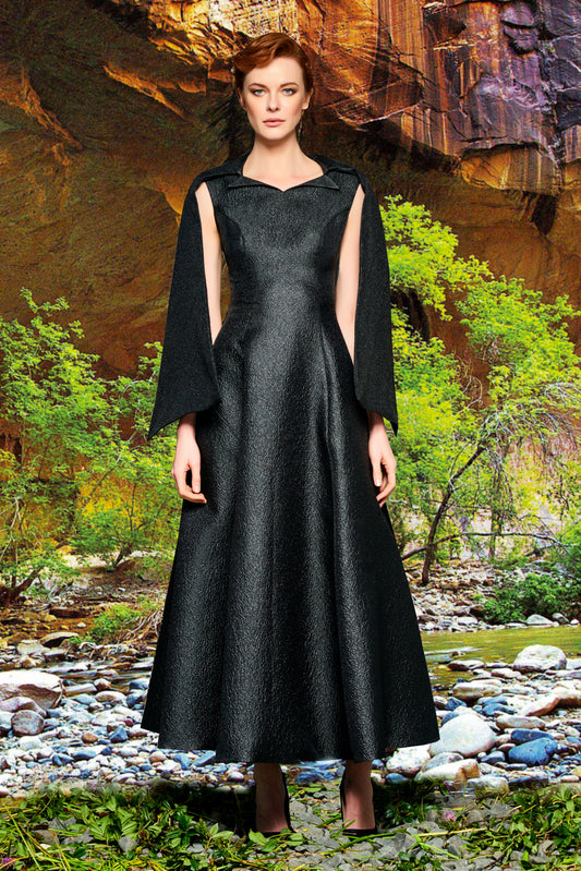 Cape Sleeve Metallic Crinkled Jacquard Dress