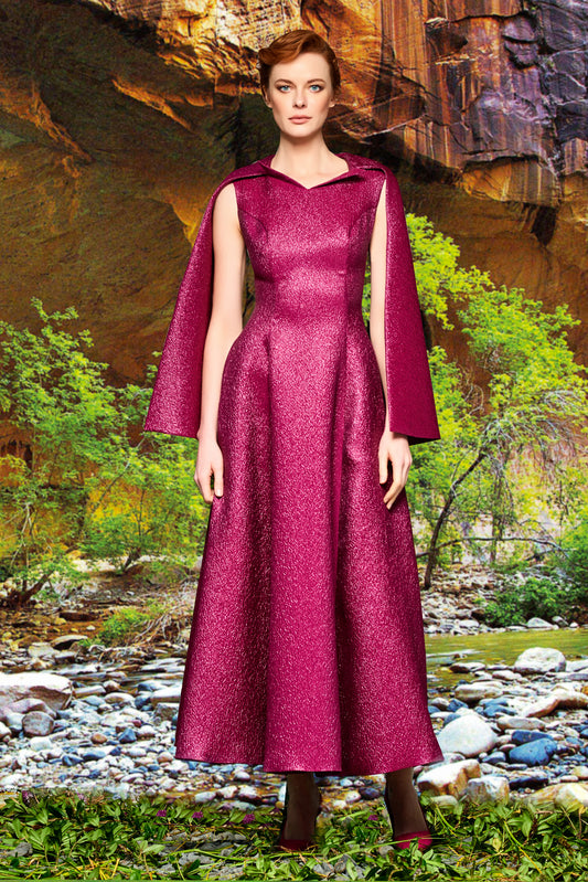 Cape Sleeve Metallic Crinkled Jacquard Dress