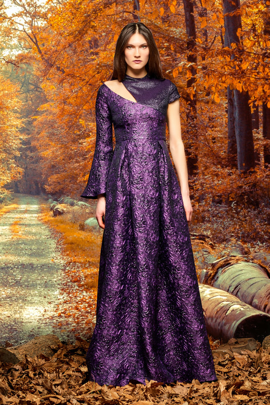 Asymmetric Metallic and Flowered Jacquard Long Dress