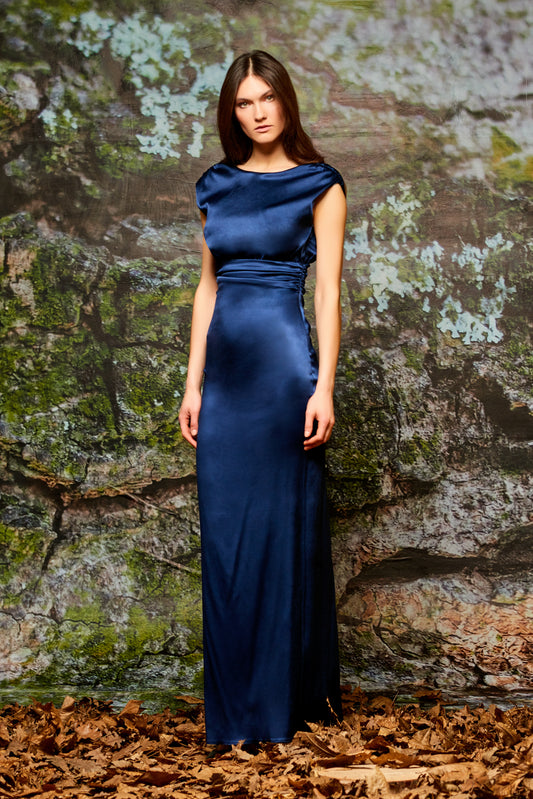 Open Back Detailed Stretch Satin Viscose Long Dress