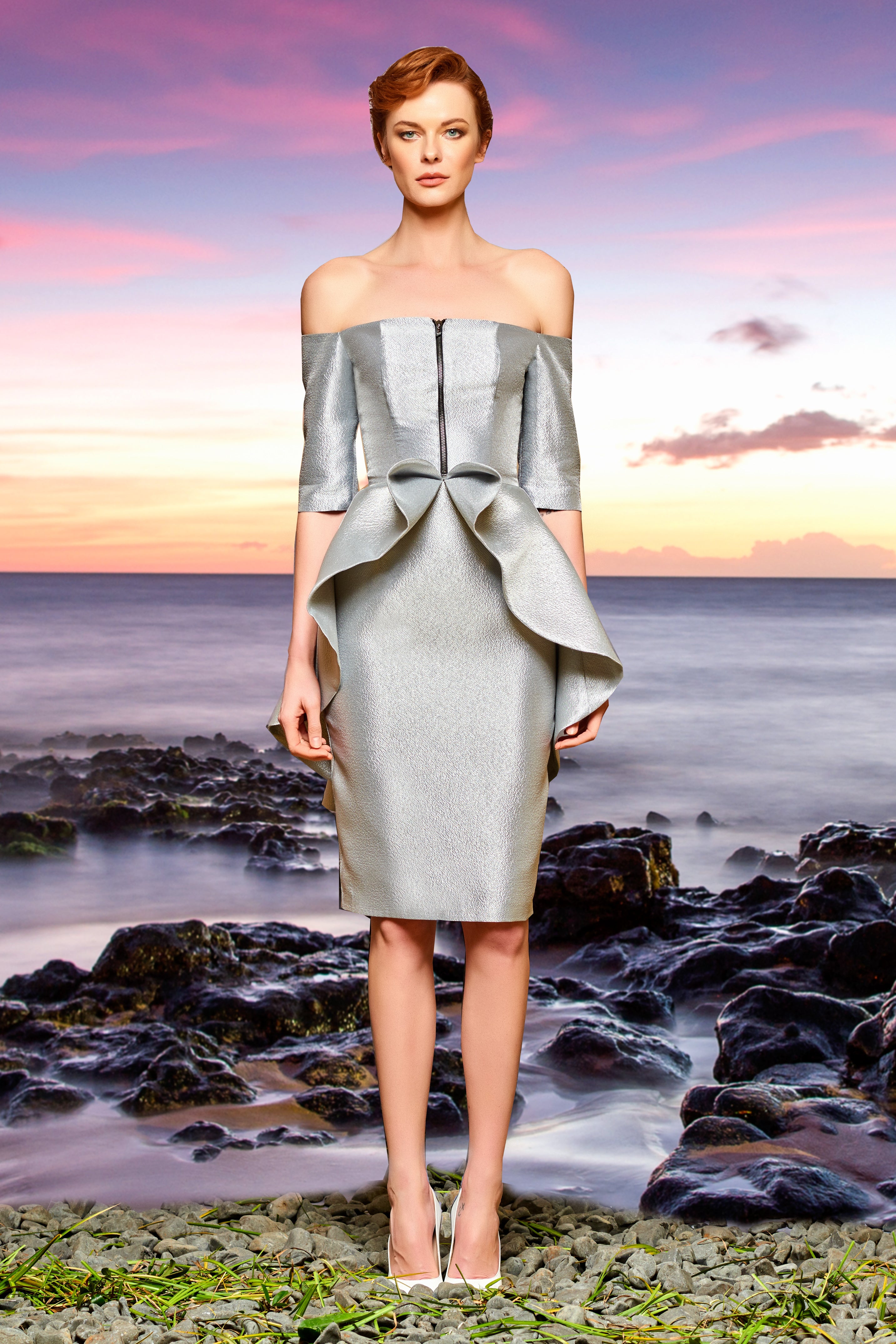 metallic crinkled jacquard dress Gathered Sleeve Metallic Crinkled Jacquard Gown MINT