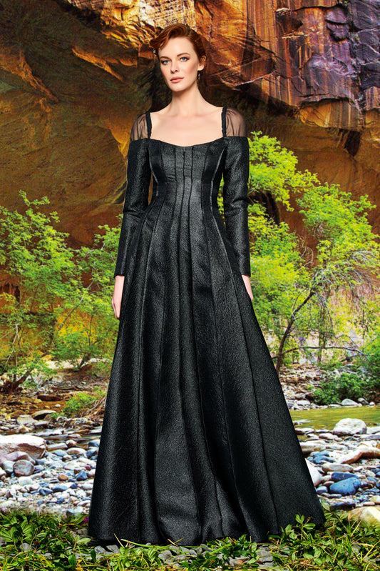 Organza Shoulder Metallic Crinkle Jacquard Gown