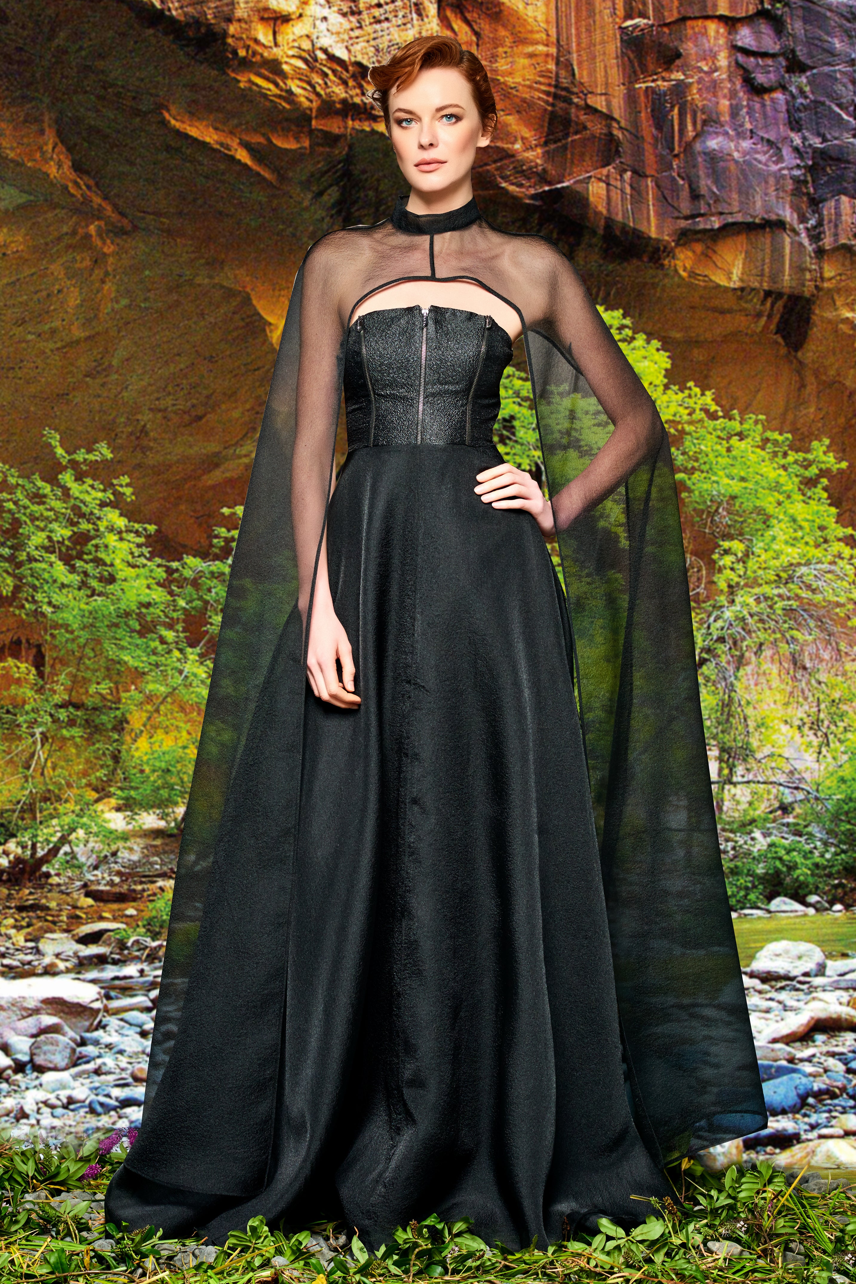 Metallic Crinkle Jacquard Gown with Organza Cape Metallic Crinkle Jacquard Gown with Organza Cape