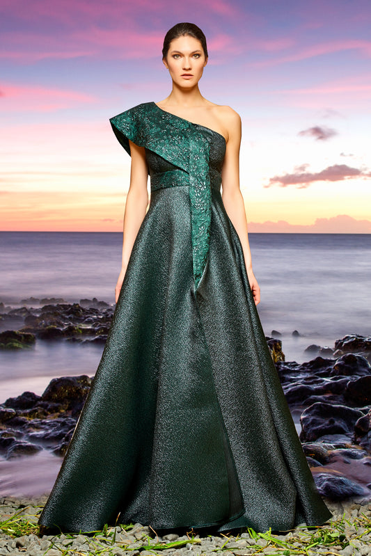 Asymmetric Metallic Crinkled Jacquard Gown