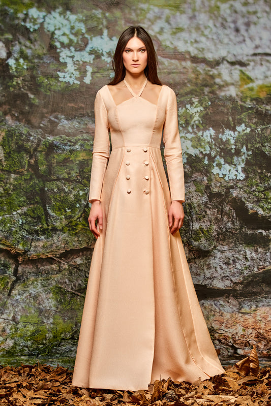 Button Detailed Metallic Crinkled Jacquard Gown