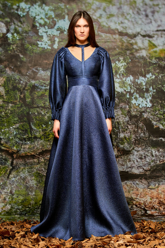 Gathered Sleeve Metallic Crinkled Jacquard Gown