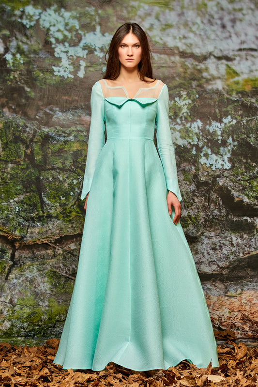 Organza Sleeve Metallic Crinkle Jacquard Long Dress