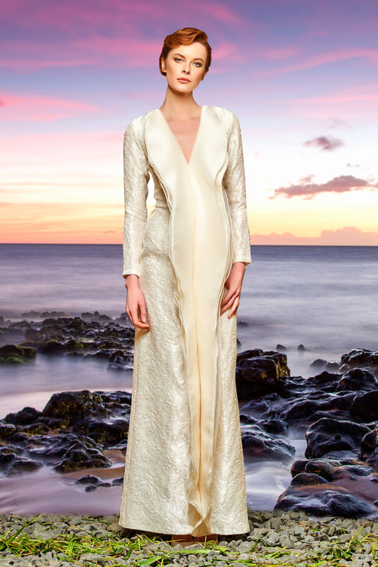 Organza Ruffle Detailed Flowered Jacquard Long Dress