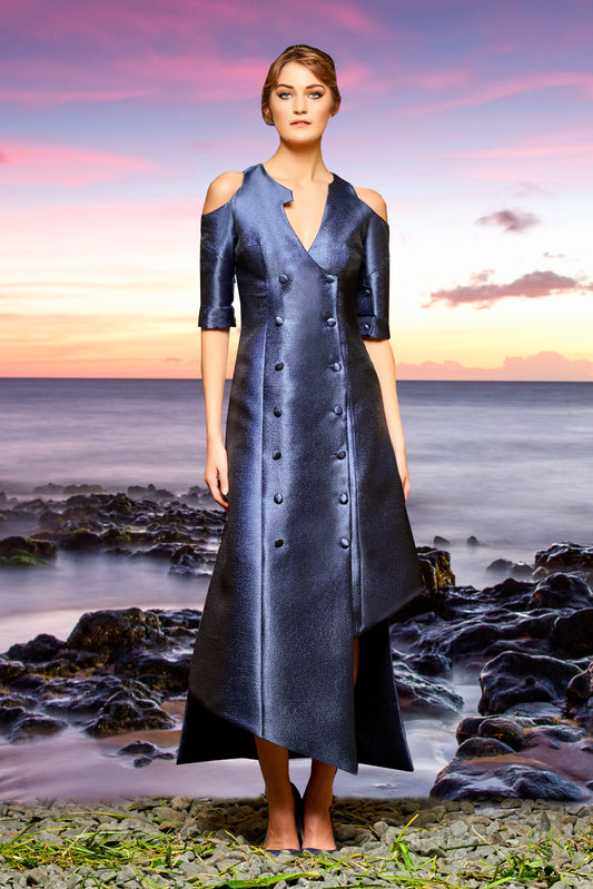 Asymmetric Button Detailed Metallic Crinkled Jacquard Dress