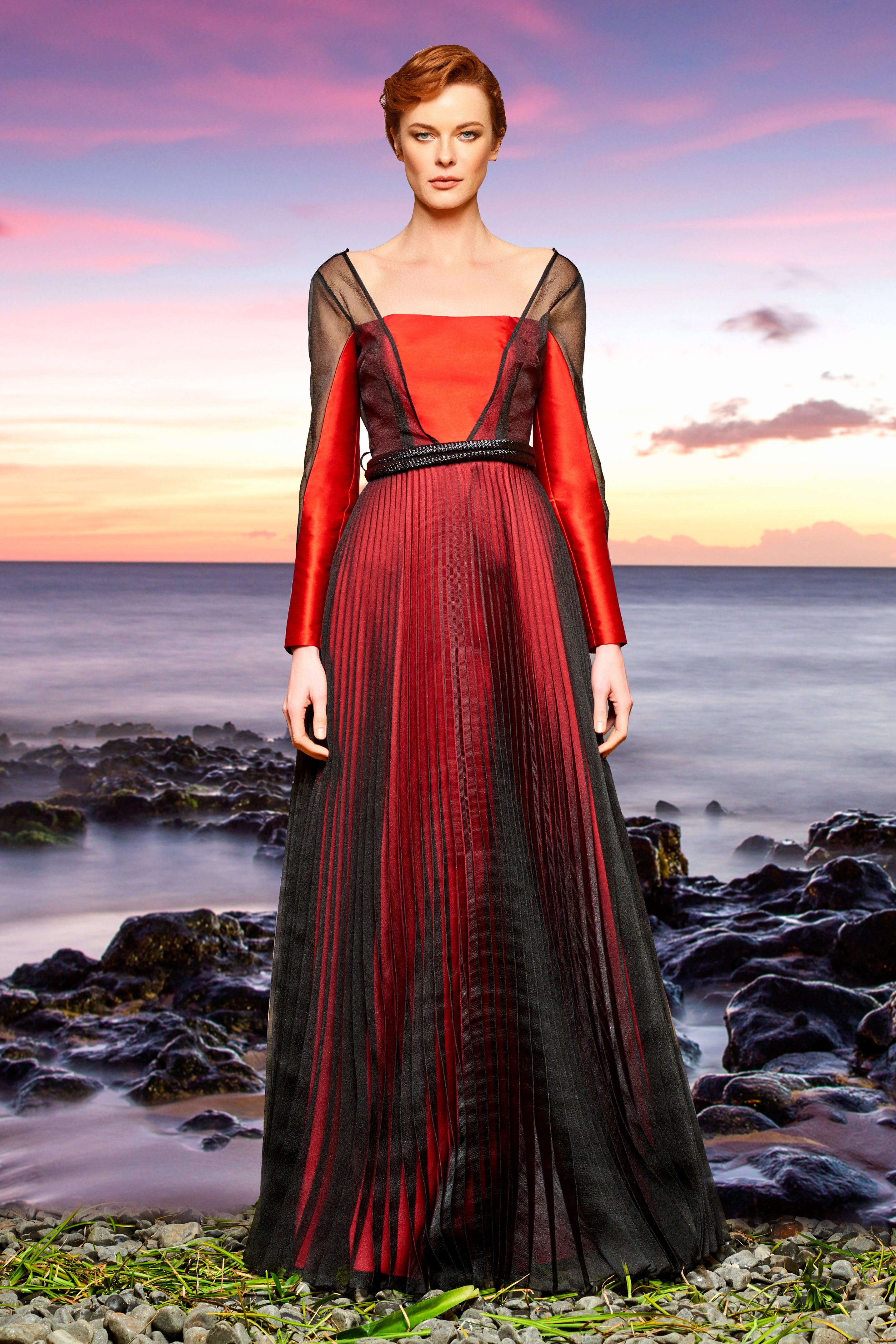 Organza Pleat Layered Taffeta Long Dress Salmon Organza Pleat Layered Taffeta Long Dress Salmon
