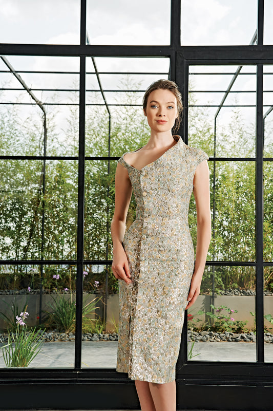 Asymmetric Neckline Flowered Jacquard Dress