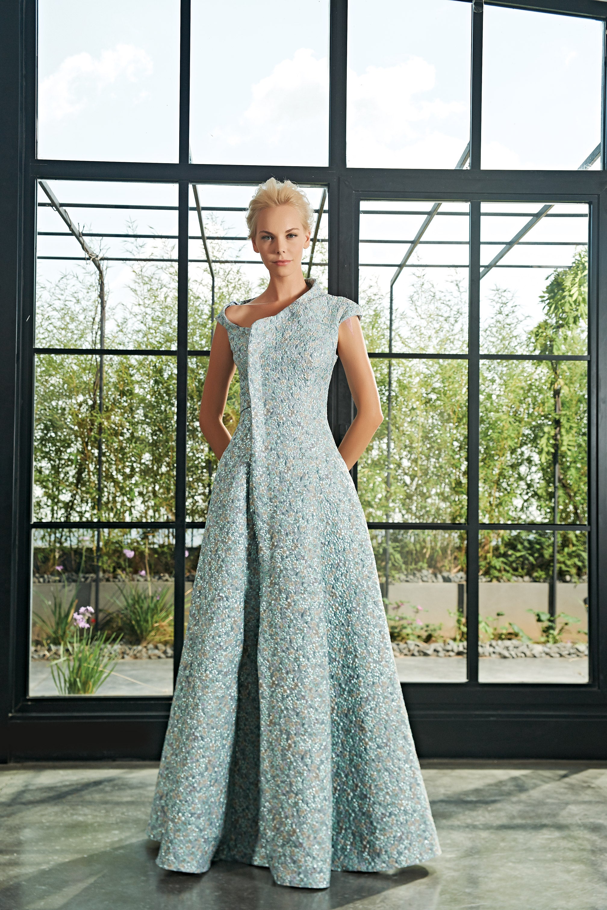 Flowered Jacquard Asymmetric Neckline Long Dress – John Paul Ataker