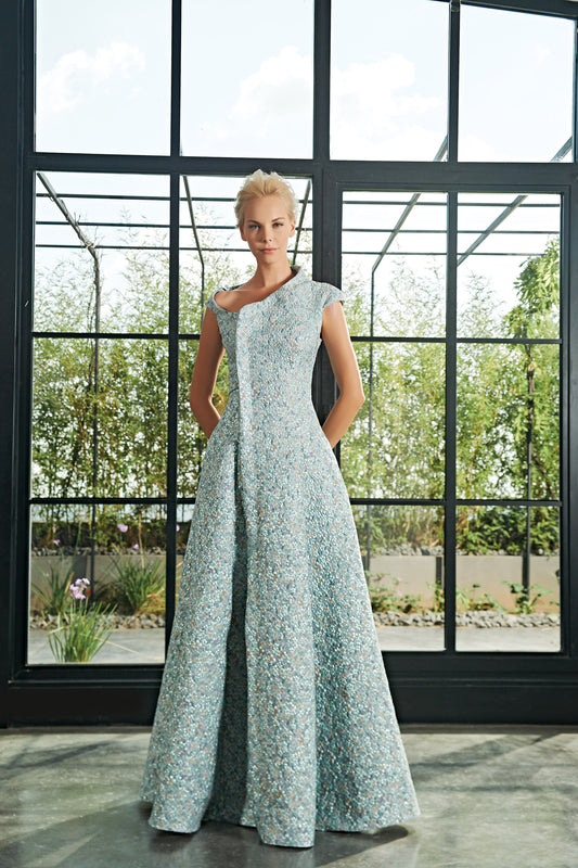 Flowered Jacquard Asymmetric Neckline Long Dress