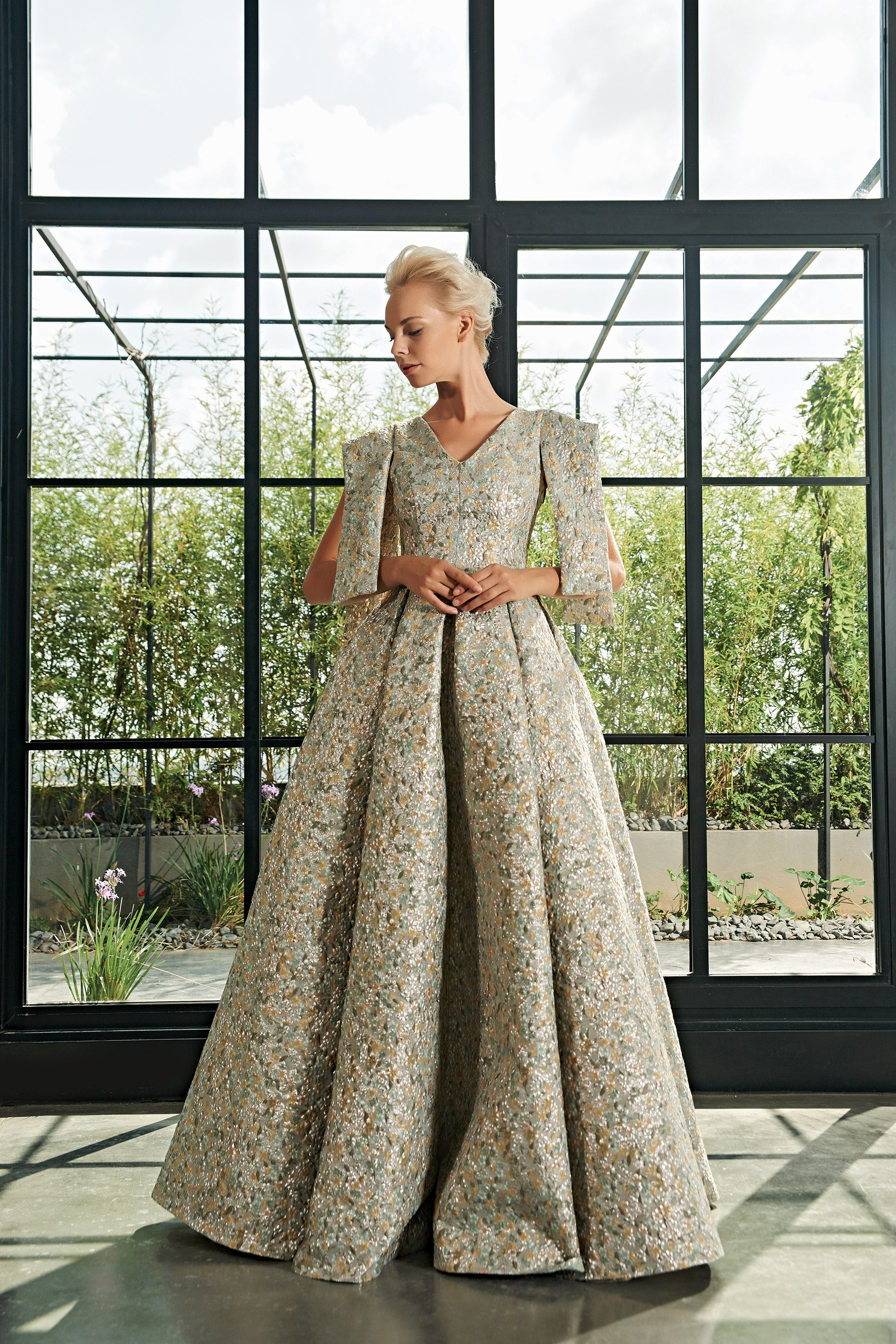 jacquard maxi dress with sleeves Long-Sleeve V-Neck Jacquard Maxi Dress