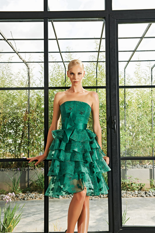 Layered Ruffle Flowered Fil-Coupe Short Dress