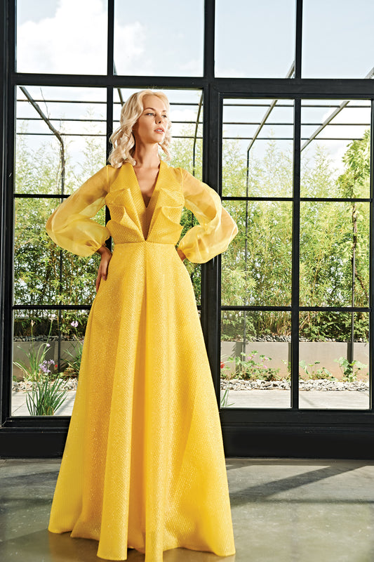 Draped Jacquard Long Dress with Organza Sleeves