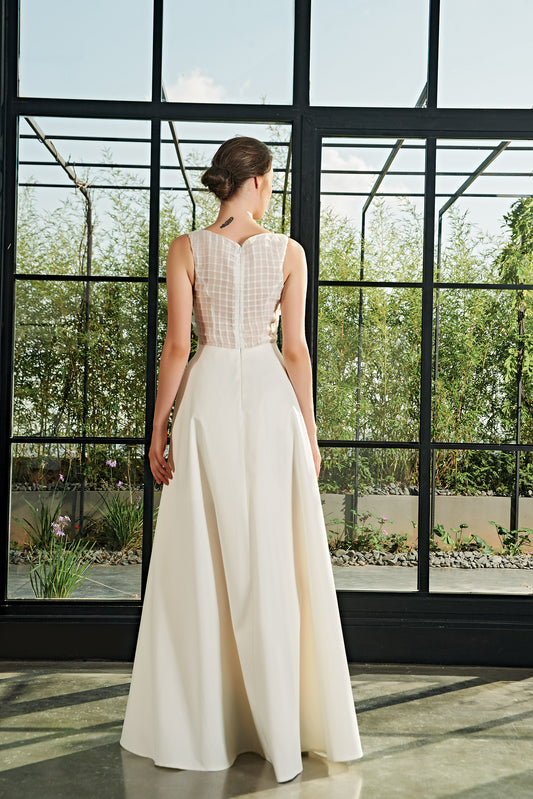 3D Flower and Pleat Organza Detailed Taffeta Long Dress