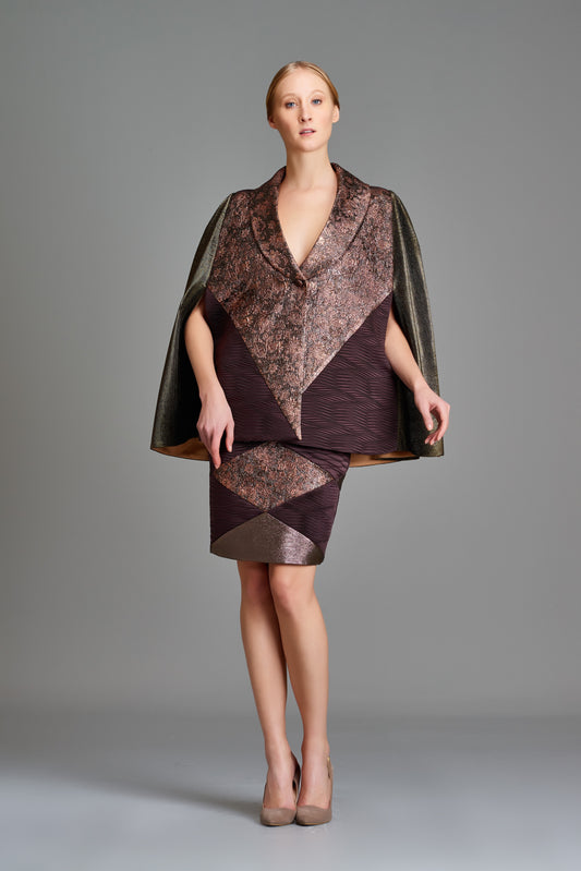 Multi Fabric Combined Cape Jacket with Multi Fabric Combined Skirt