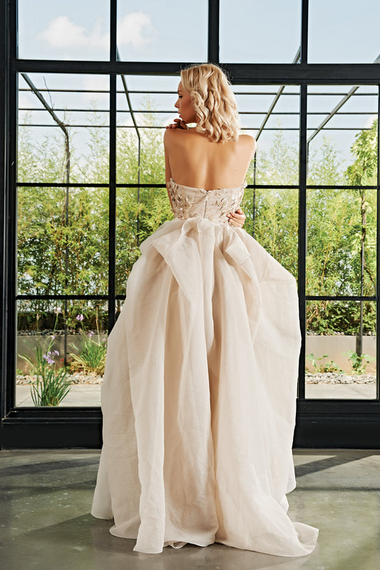 Embroideried Long Dress with Soft Organza Overskirt