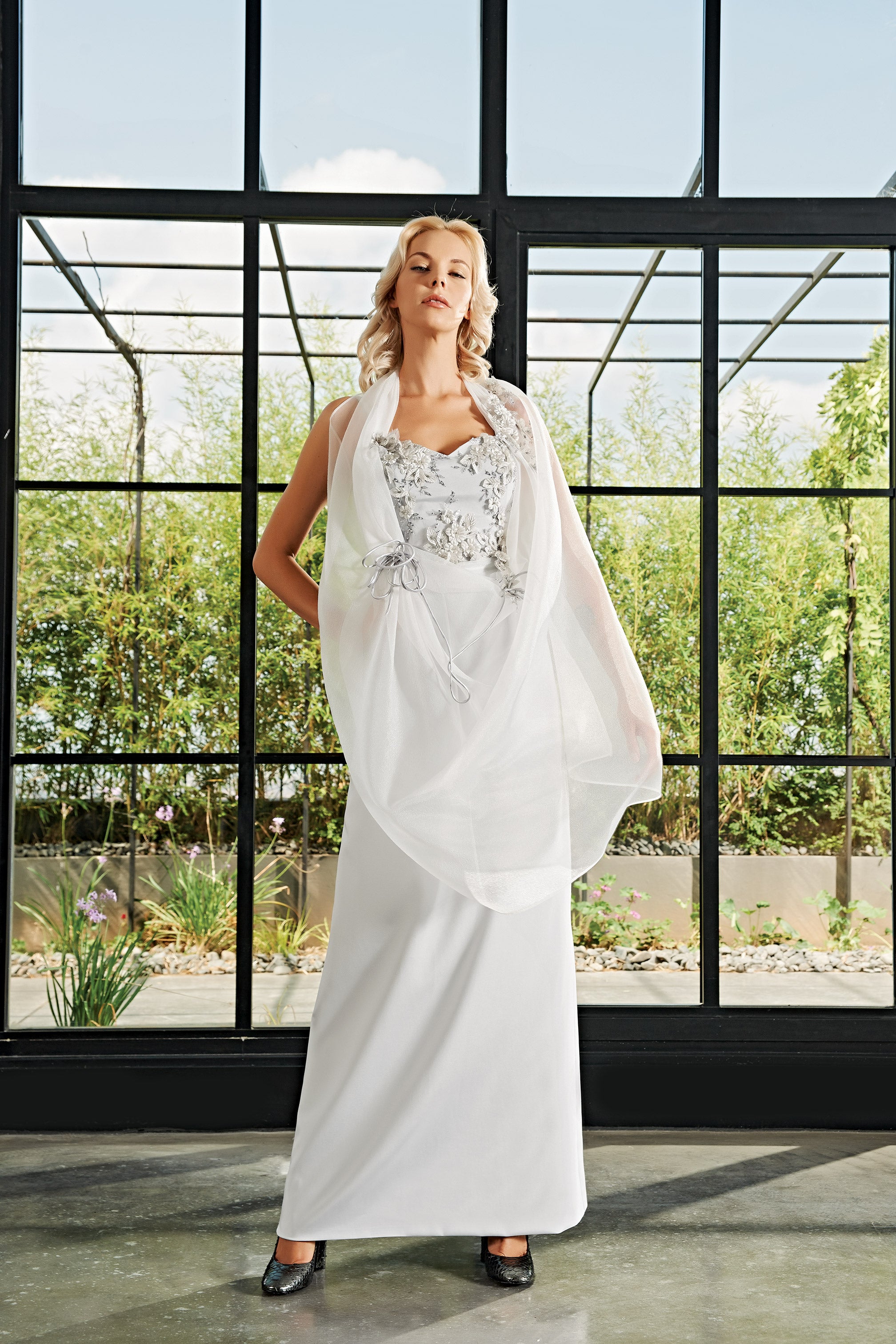 Embroideried Faille Long Dress with Organza Shawl – John Paul Ataker