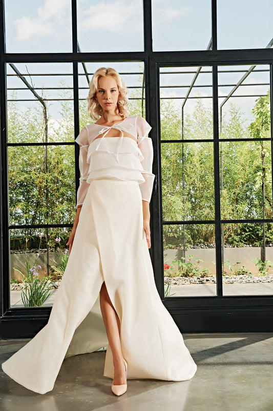 Cut-Out Organza Layered Neckline Long Dress