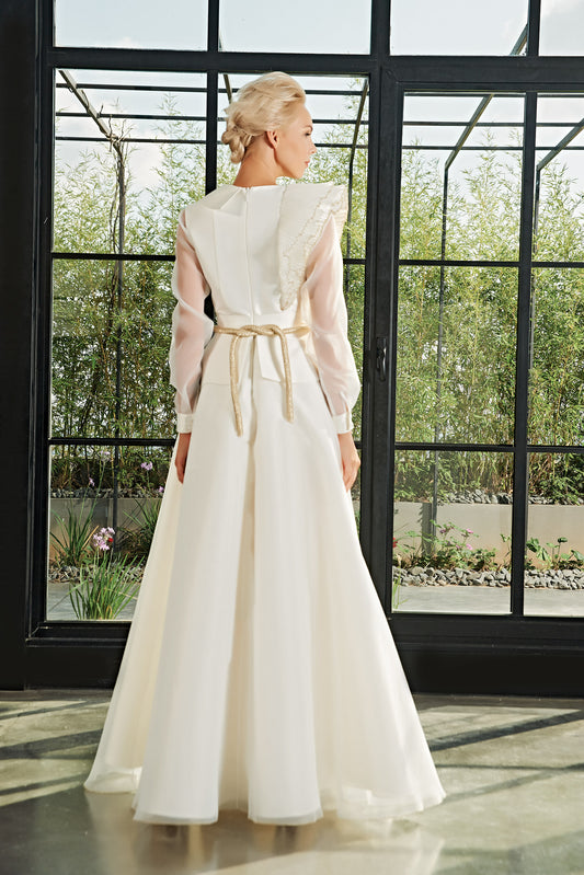 Pleat Organza Detailed Taffeta Long Dress