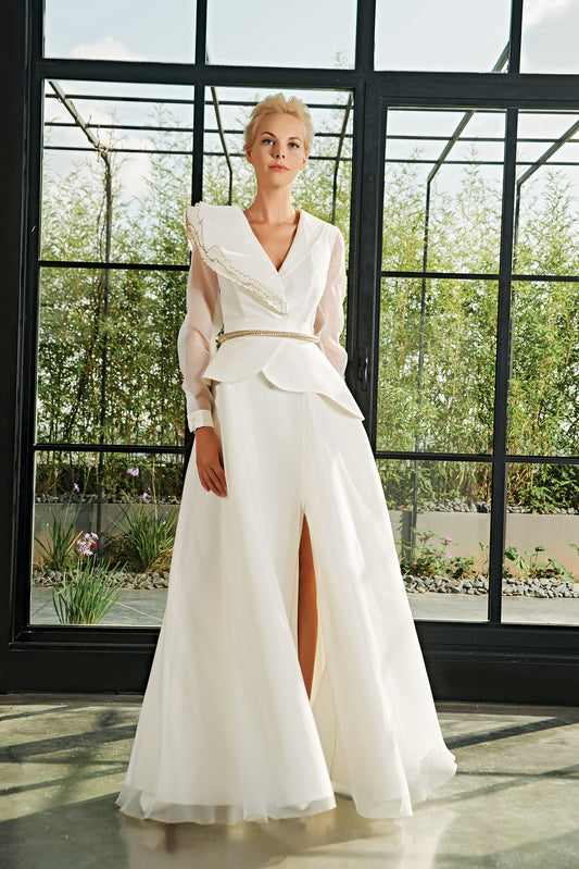 Pleat Organza Detailed Taffeta Long Dress