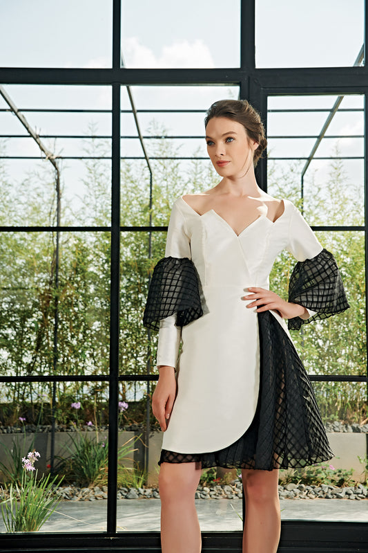 Square Pleated Organza Short Dress