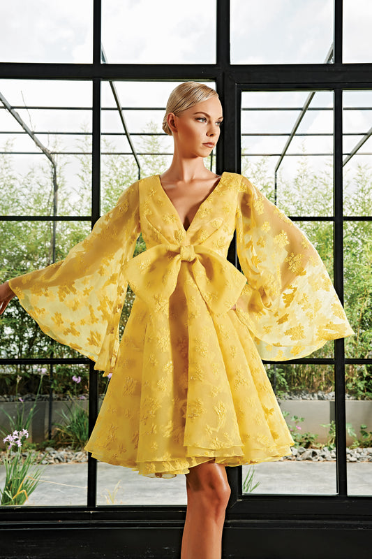 Bow Detailed Flower Fil-Coupe Short Dress