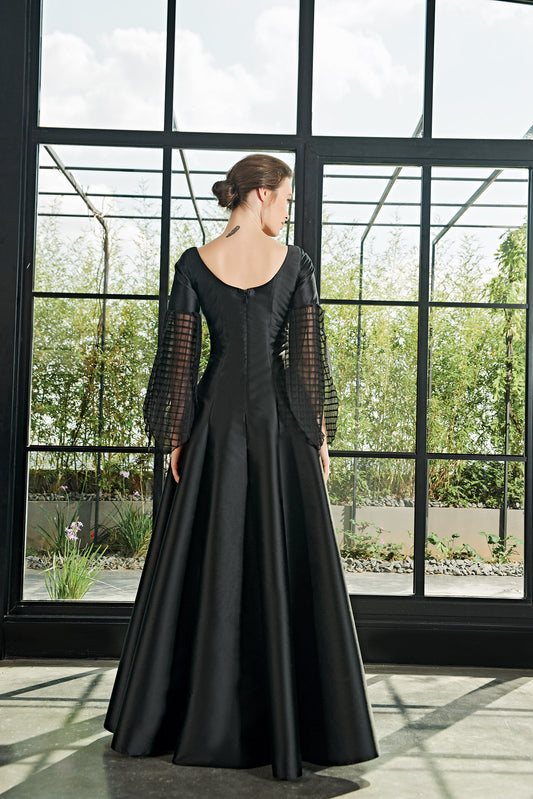 Organza Square Pleated Sleeve Long Dress