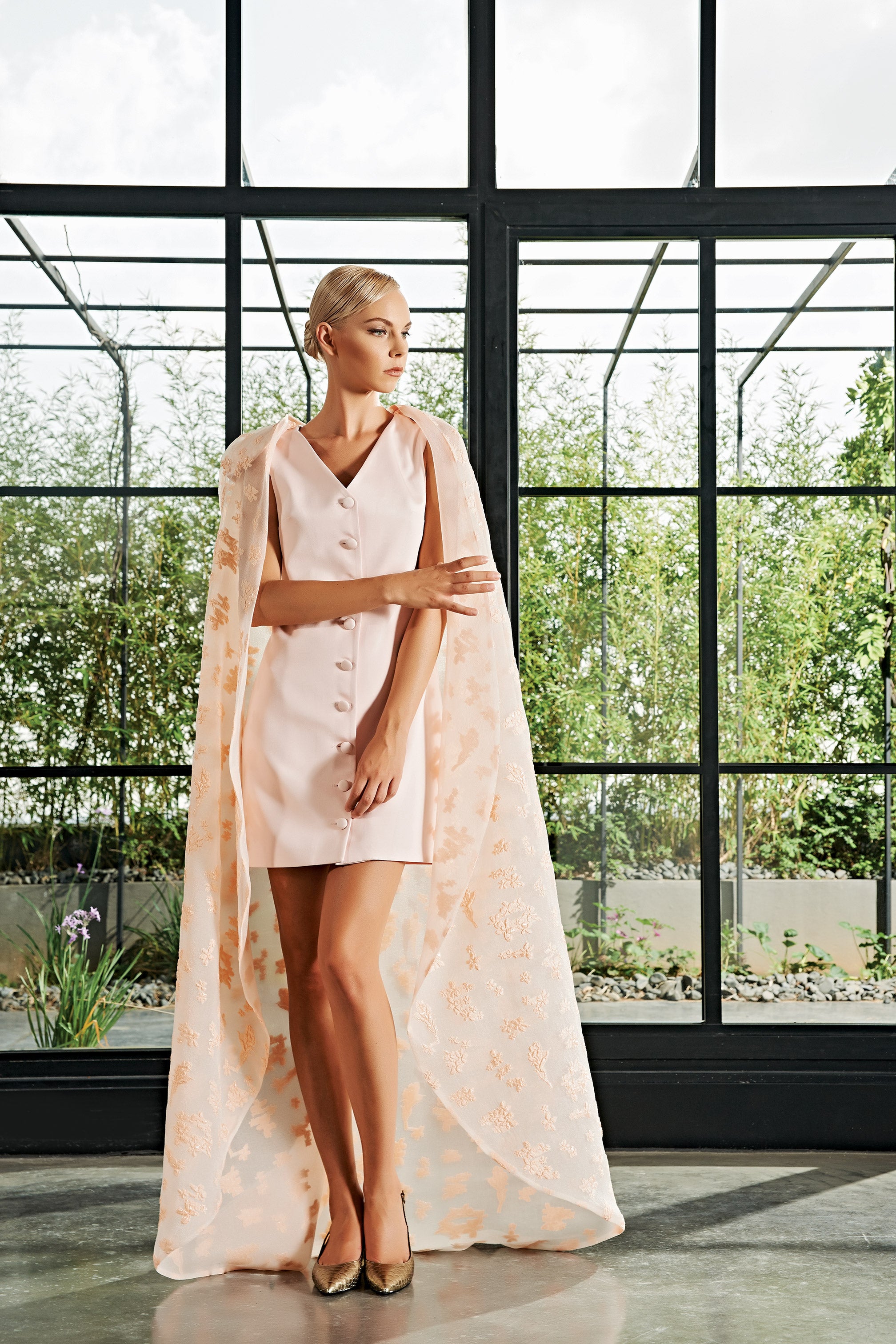 Faille Short Dress with Flower Fil-Coupe Detachable Cape John Paul Ataker Faille Short Dress with Flower Fil-Coupe Detachable Cape John Paul Ataker