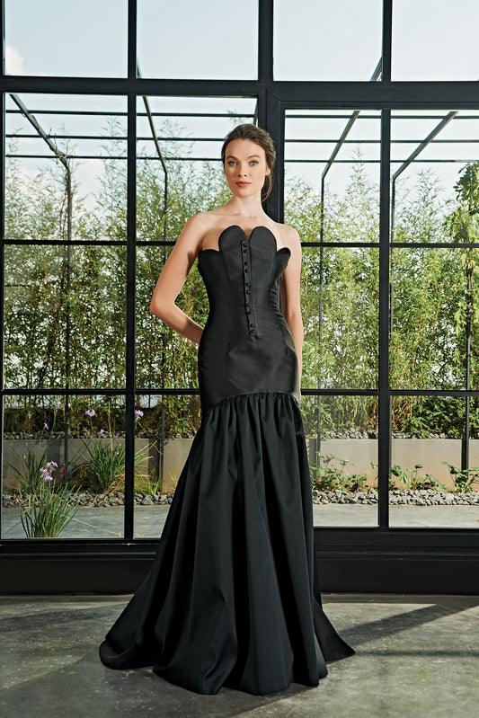 Curvy Neckline Taffeta Long Dress