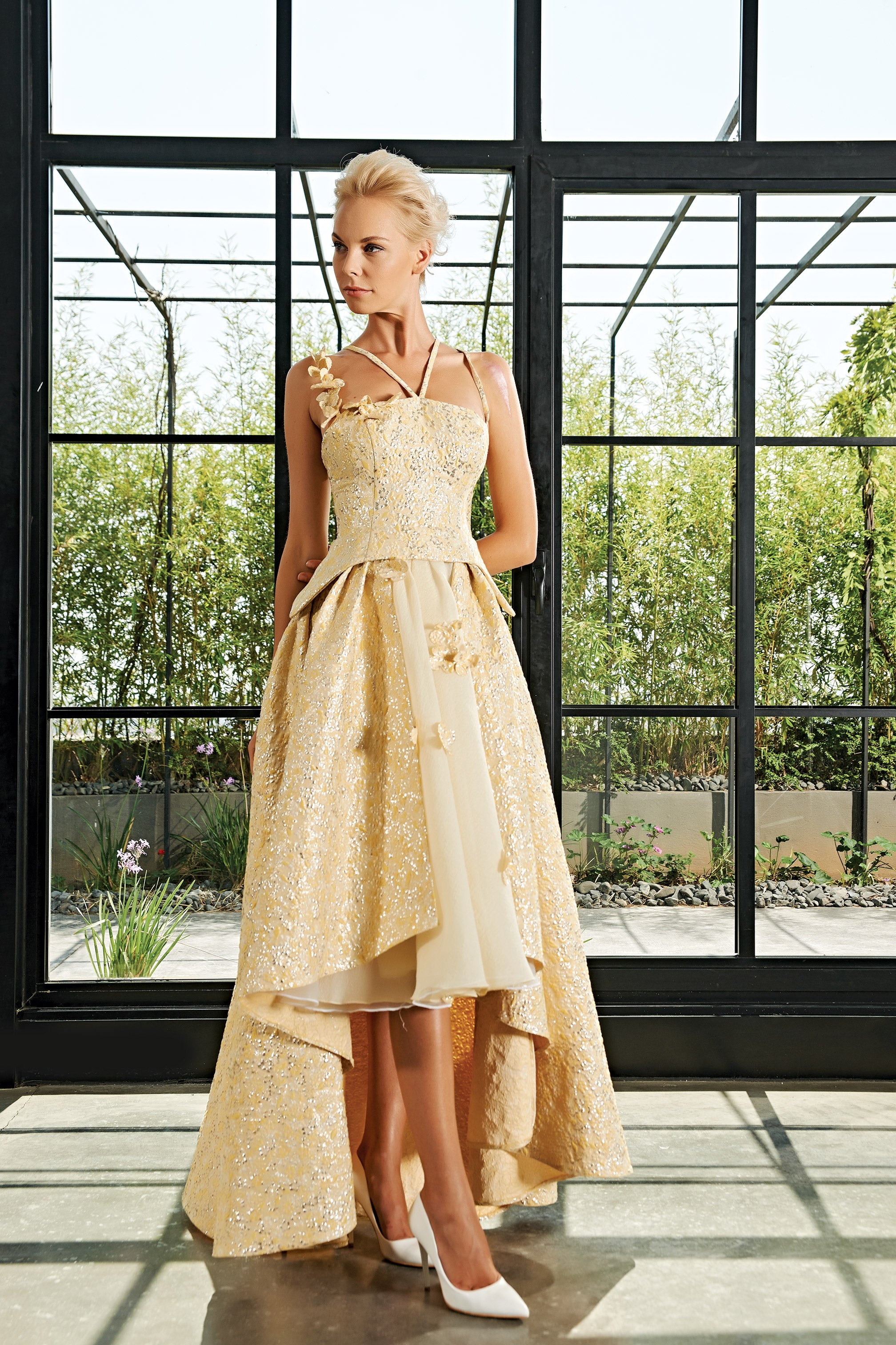 Flowered Jacquard and Soft Organza Hi-Low Gown John Paul Ataker Flowered Jacquard and Soft Organza Hi-Low Gown John Paul Ataker