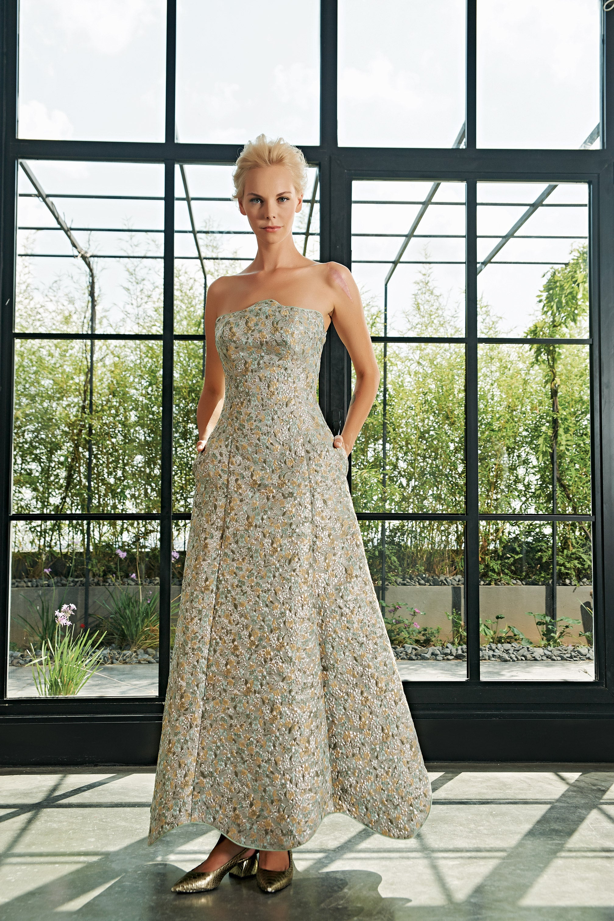 Strapless Flowered Jacquard Long Dress with Piping Detail BLUE Strapless Flowered Jacquard Long Dress with Piping Detail BLUE