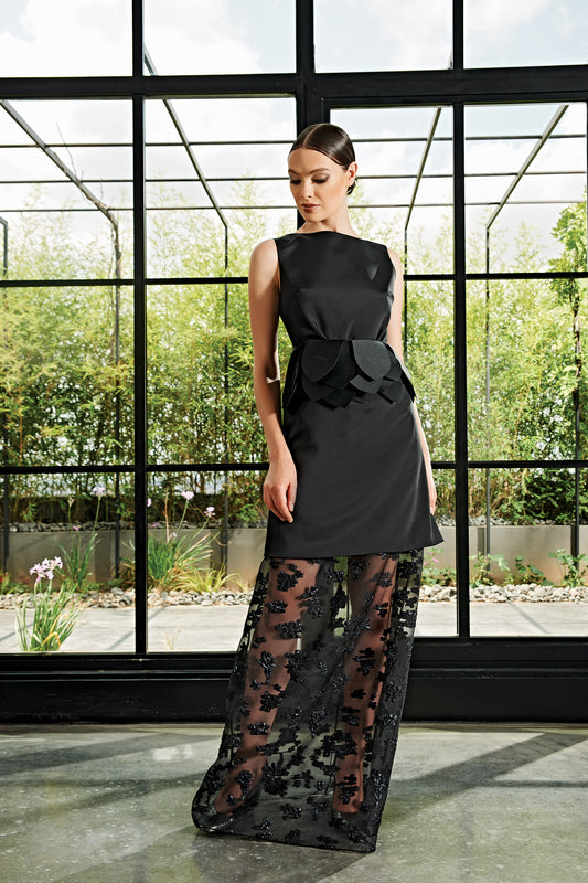 Layered Flower Fil-Coupe Long Dress with Taffeta Belt