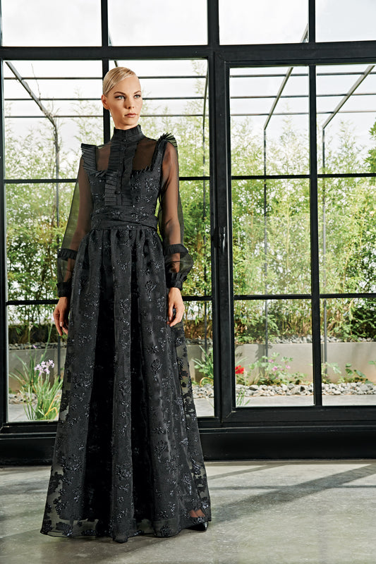 Organza Pleat Detailed Flowered Fil-Coupe Long Dress