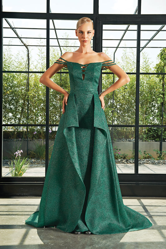 Honeycombed Jacquard Long Dress with Overskirt