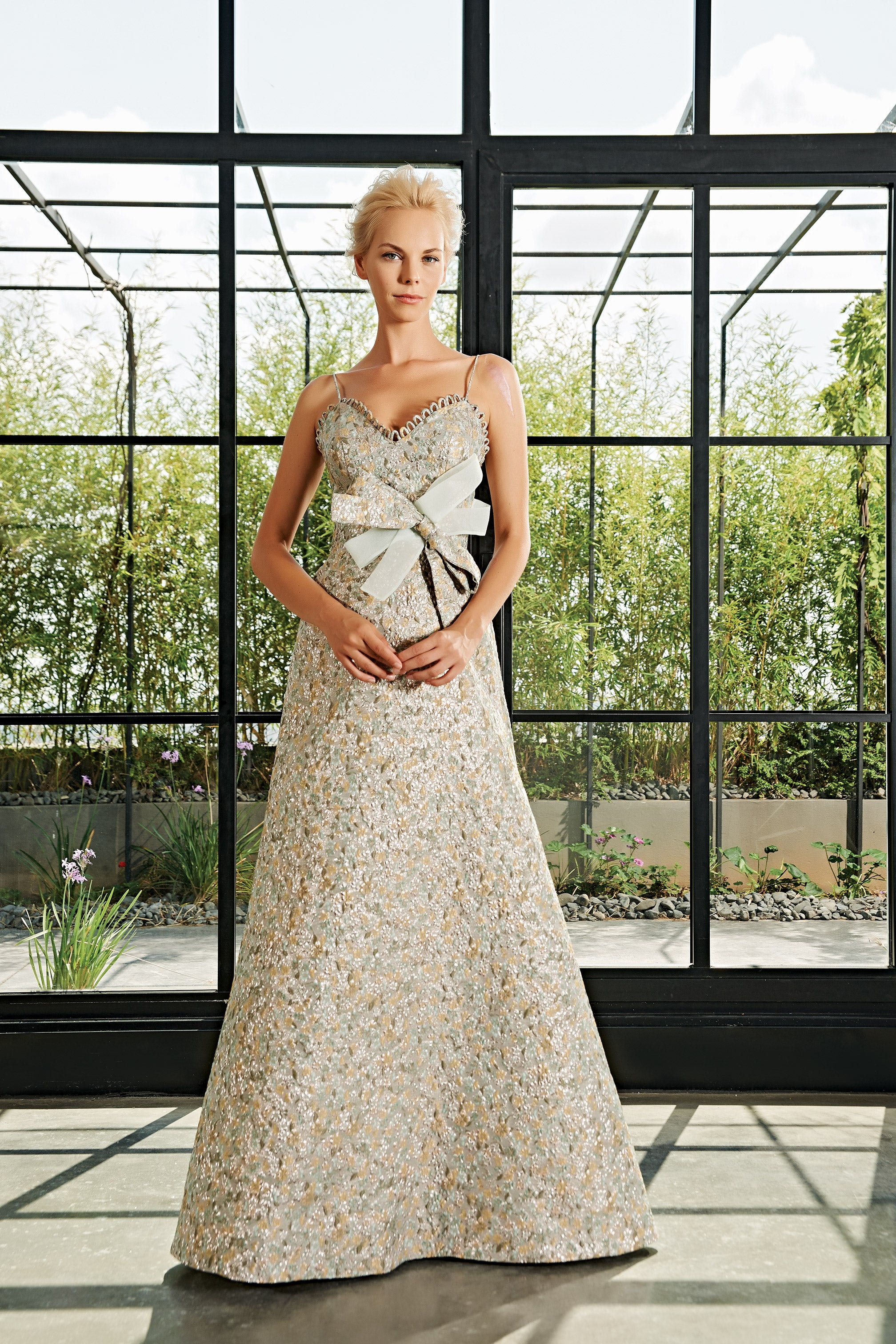 A-Line Flowered Jacquard Dress with Organza Bow Detail BLUE A-Line Flowered Jacquard Dress with Organza Bow Detail BLUE