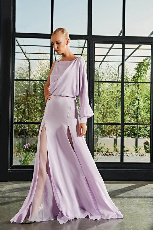 One-Sleeve Viscose Satin Long Dress