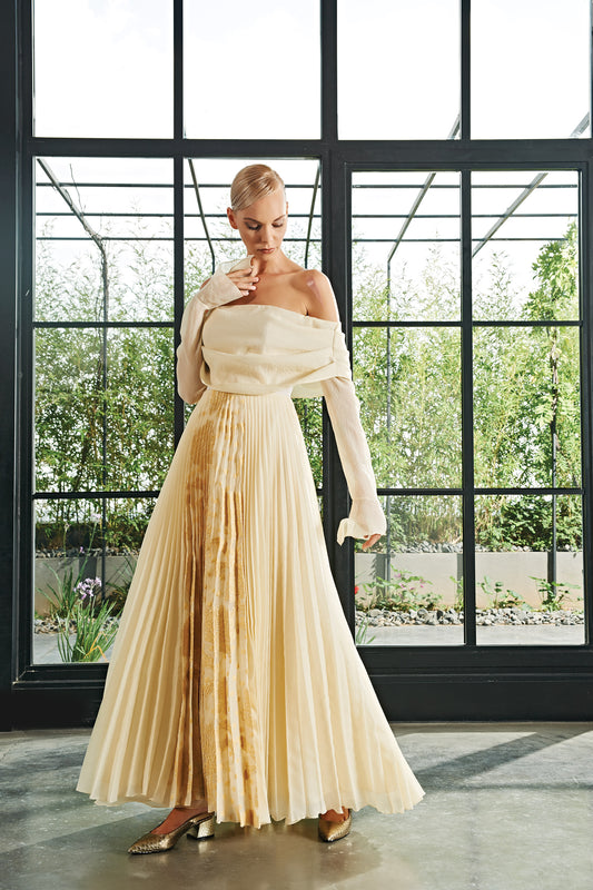 Flowered Fil-Coupe and Organza Pleat Skirt Midi Dress