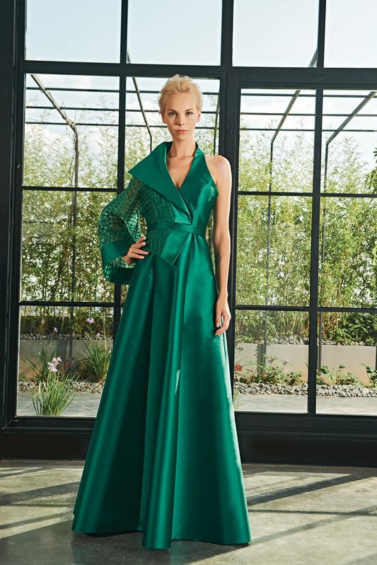 One-Sleeve Pleat Organza and Taffeta Long Dress