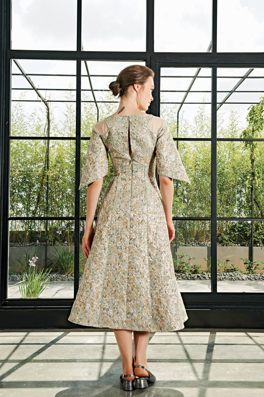 3D Flower Detailed Flowered Jacquard Short Dress