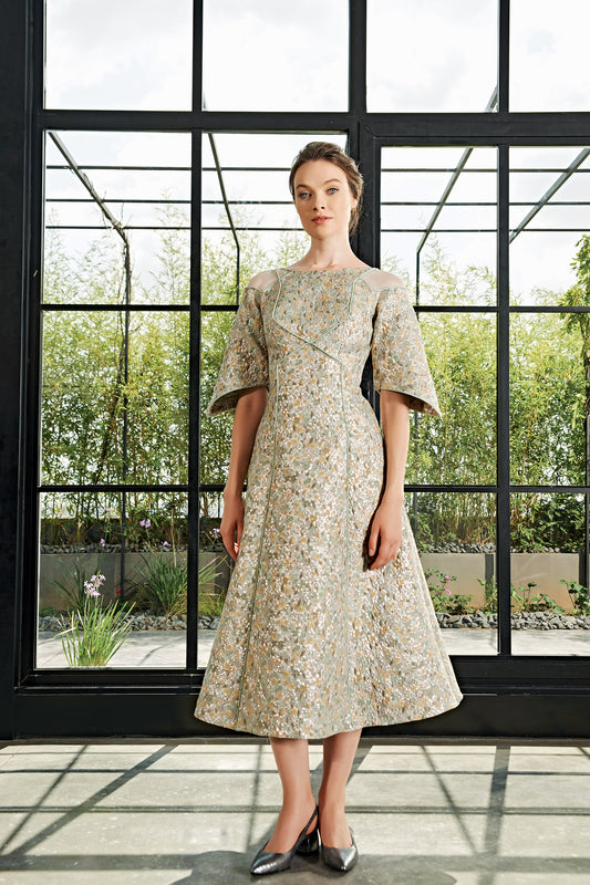 3D Flower Detailed Flowered Jacquard Short Dress