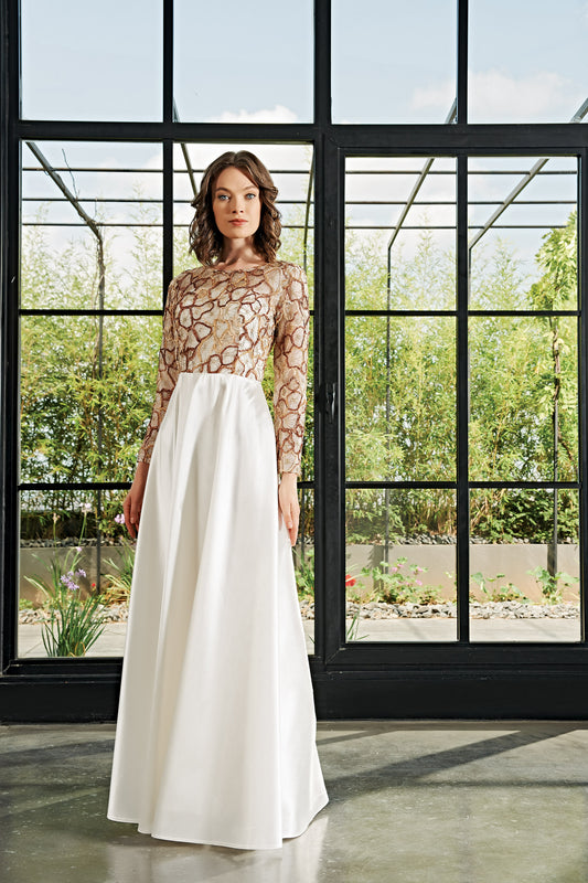 Embroideried Faille Long Dress