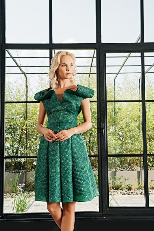 Pleated Honeycombed Jacquard Short Dress